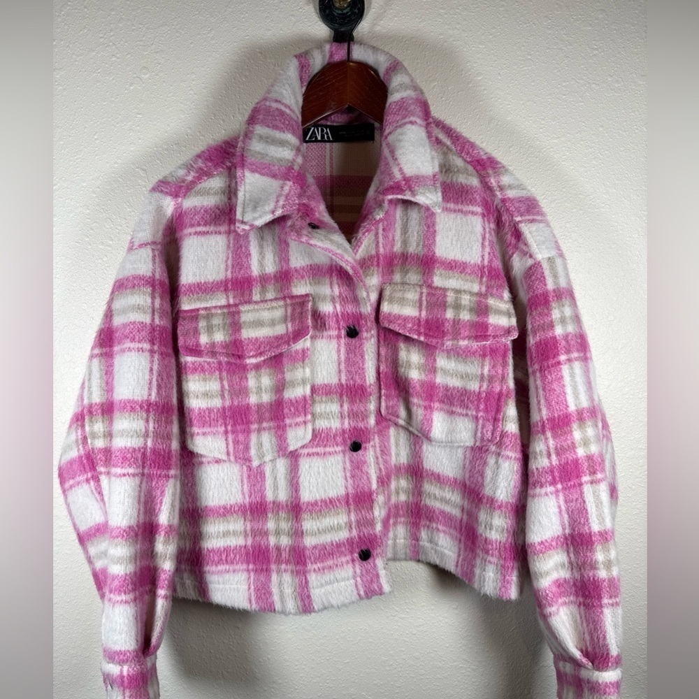 Zara womens jacket Cropped Pink Plaid Thick Shacket size XL - Picture 2 of 8